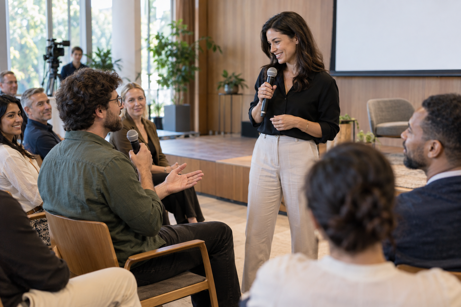 Fictional event scene: a presenter and an audience member exchange a question while others listen.
