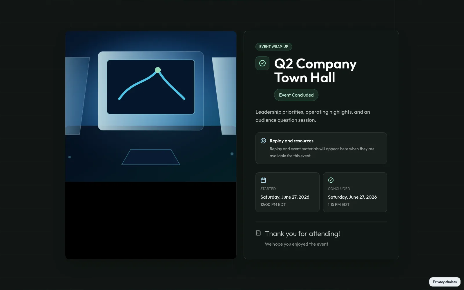 Branded Q2 Company Town Hall wrap-up page showing the concluded event state, replay and resources area, and event dates.